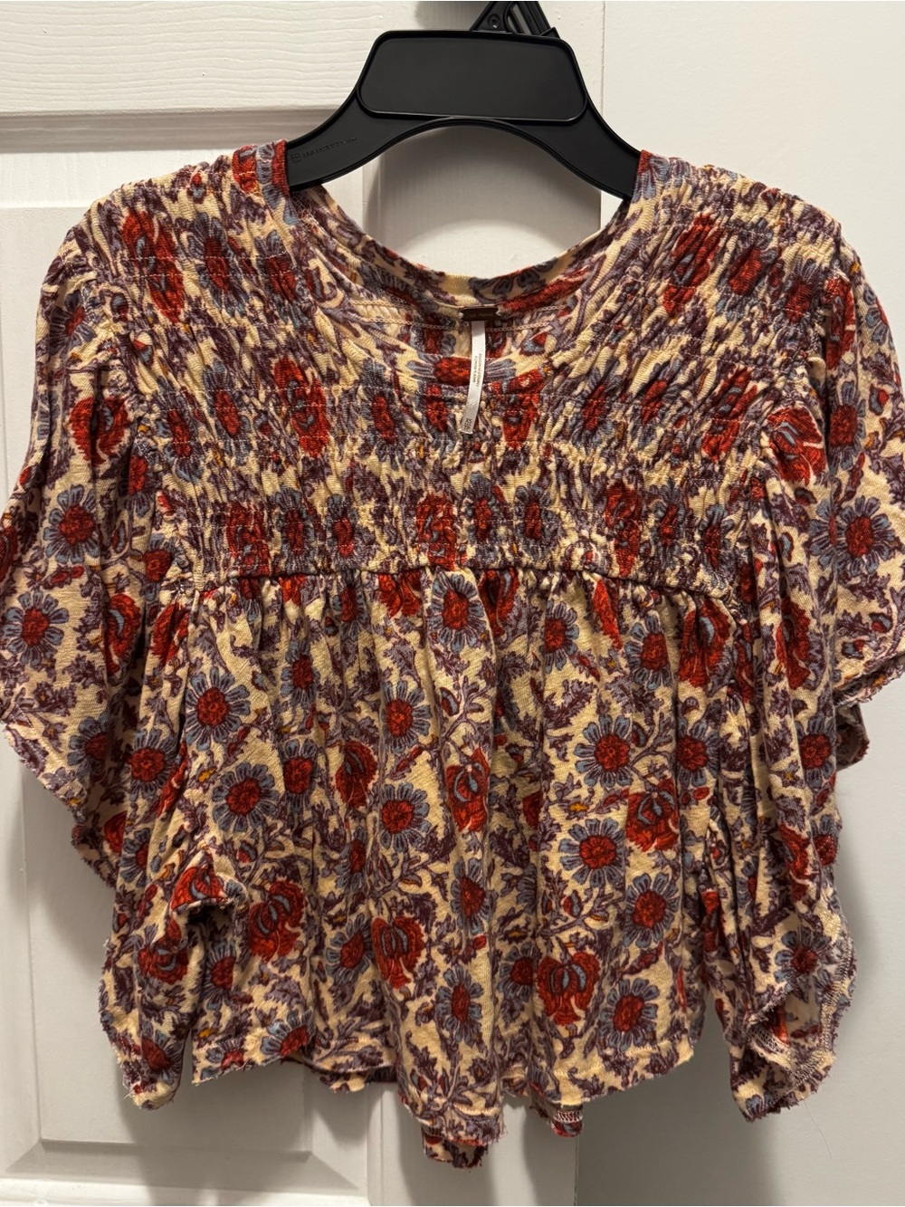 Free People Cream Floral Smocked Peasant Top with Red & Purple Flowers